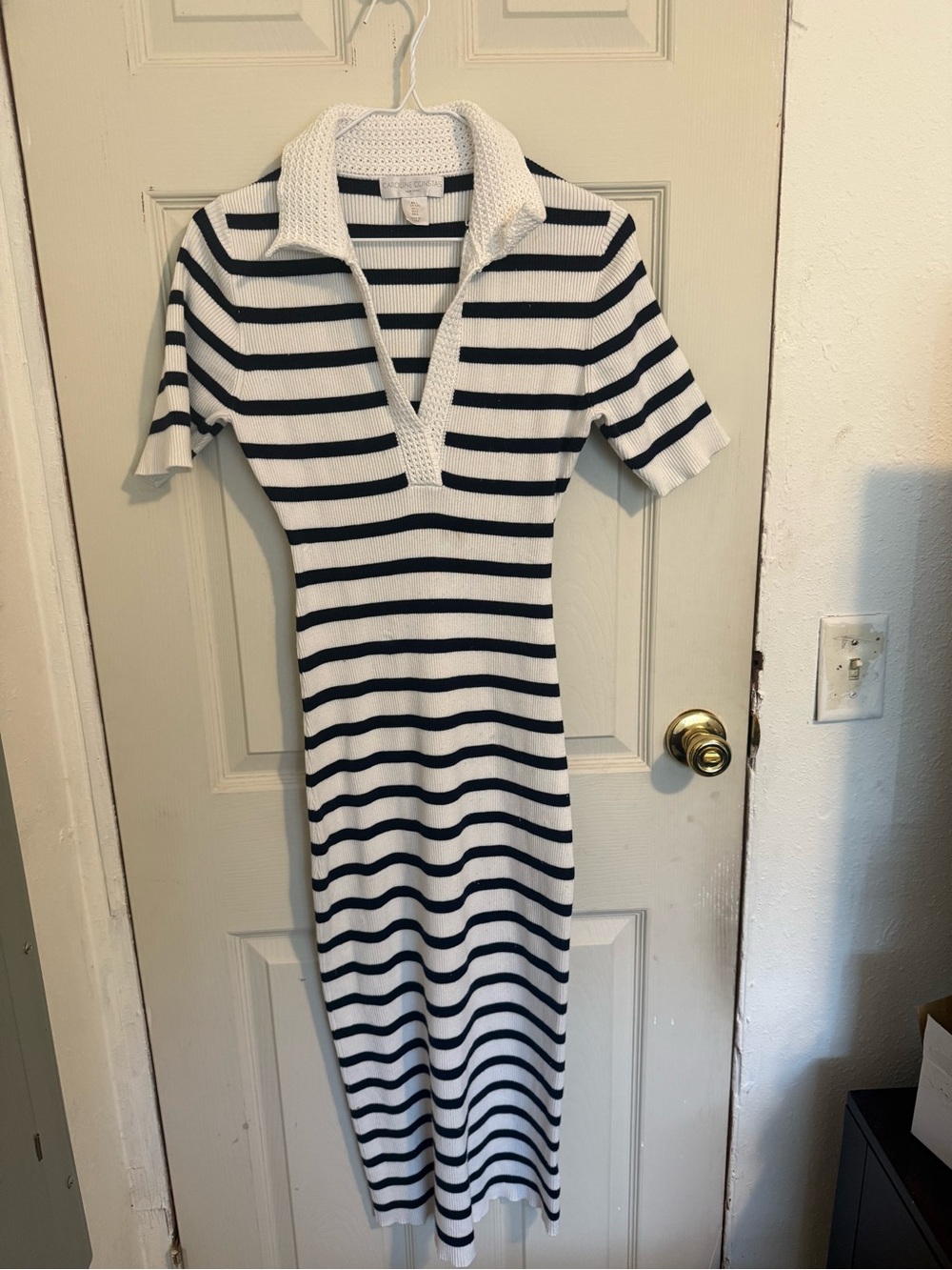Caroline Constas White & Navy Striped Polo-Knit Midi Dress